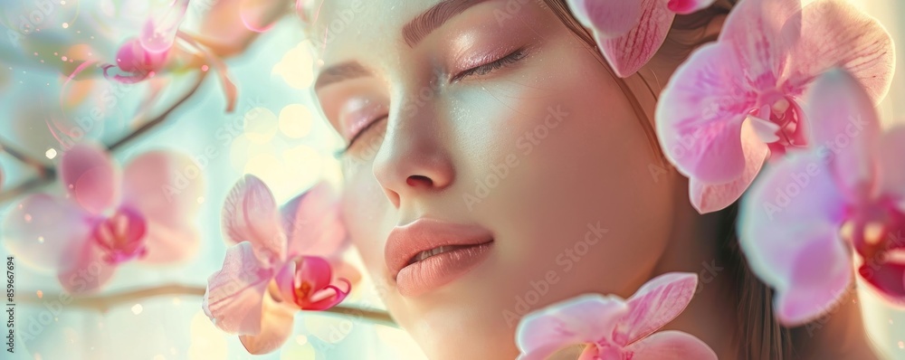 A serene close-up portrait of a beautiful young woman with closed eyes, surrounded by soft-focus flowers and warm, ethereal light. A serene close-up portrait of a beautiful young woman with closed eyes, surrounded by soft-focus flowers and warm, ethereal light.