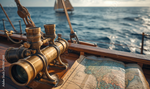 A compass and binoculars lie on a map on a ship overlooking the sea or ocean. Old vintage retro compass and binoculars on ancient world map. Travel geography concept background.