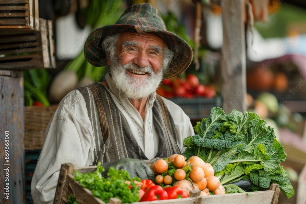 Elderly farmer selling vegetables at a market Elderly farmer selling vegetables at a market