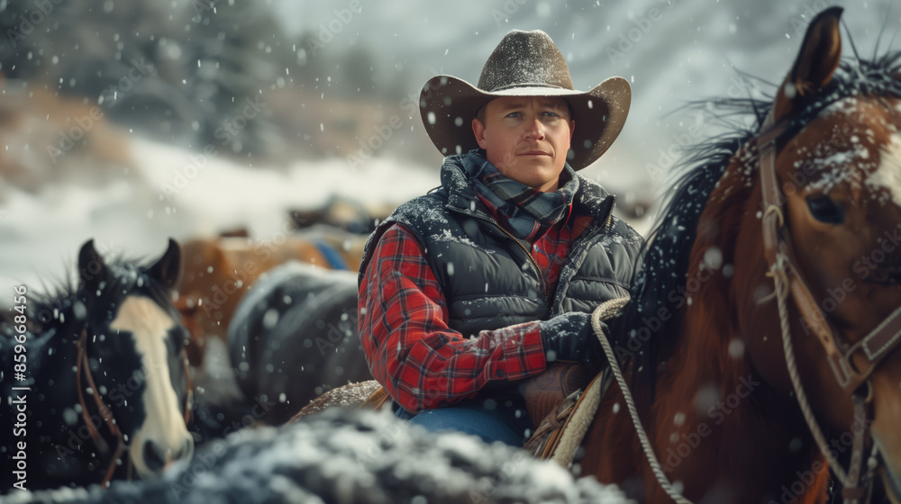 A cowboy rides a horse in the winter time next to other horses A cowboy rides a horse in the winter time next to other horses