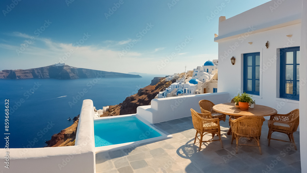Fototapeta premium Beautiful balcony Santorini Greece, sunny day resort