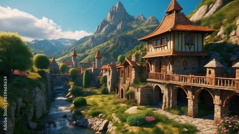 Obraz premium Illustration, Medieval castle summer