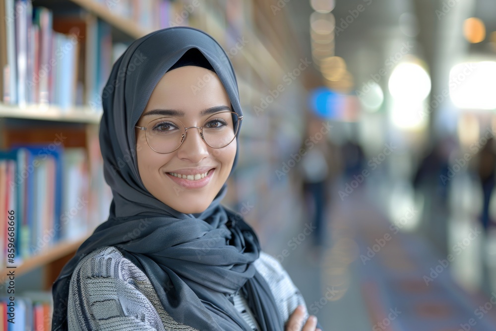 Portrait of Smiling Woman in Hijab and Glasses in a Library Portrait of Smiling Woman in Hijab and Glasses in a Library