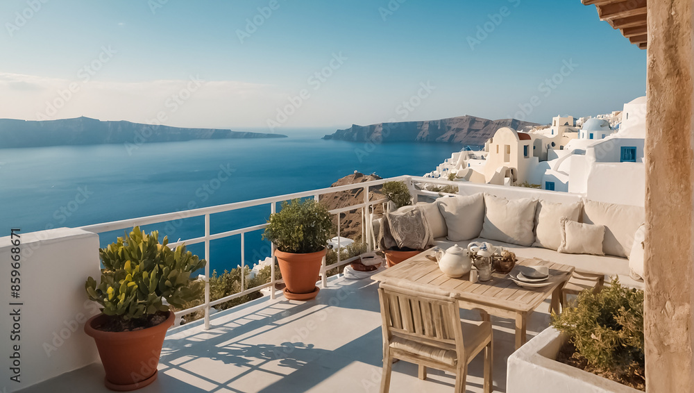 Fototapeta premium Beautiful balcony Santorini Greece, sunny day vacation