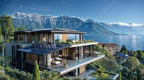 A luxurious modern villa with stunning lake and mountain views