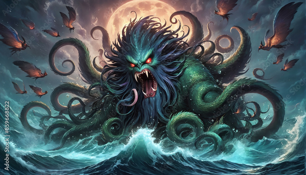 Illustrative depiction of a mythical sea monster that makes the oceans unsafe and is told in old sailor’s tales Illustrative depiction of a mythical sea monster that makes the oceans unsafe and is told in old sailor’s tales