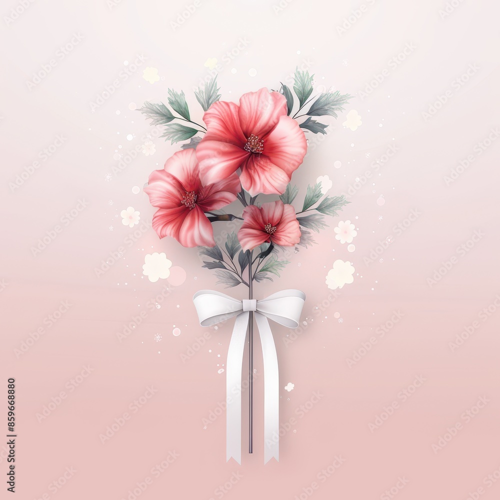 Obraz premium Elegant White Ribbon Tied Around a Bouquet of Pink Flowers on a Pink Background