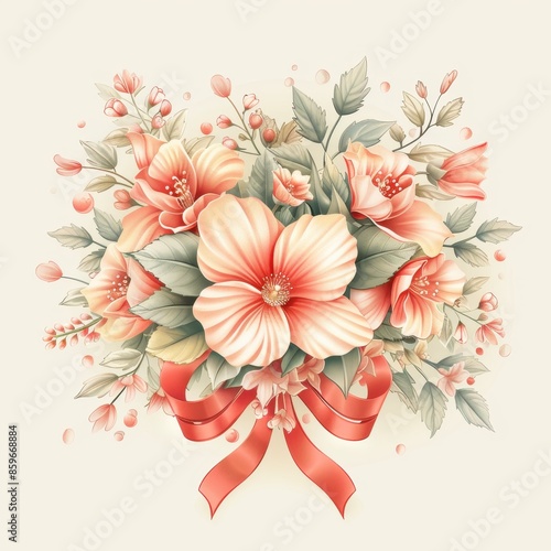Watercolor Illustration of a Delicate Pink Flower Bouquet With a Red Ribbon