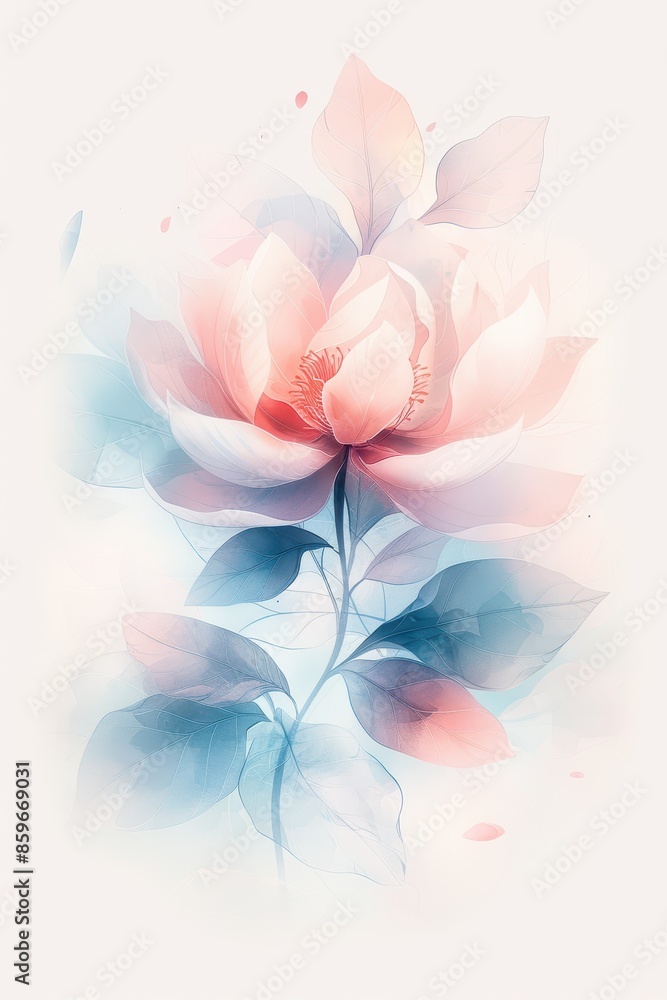 Obraz premium Delicate Watercolor Painting of a Single Pink Flower With Blue Leaves