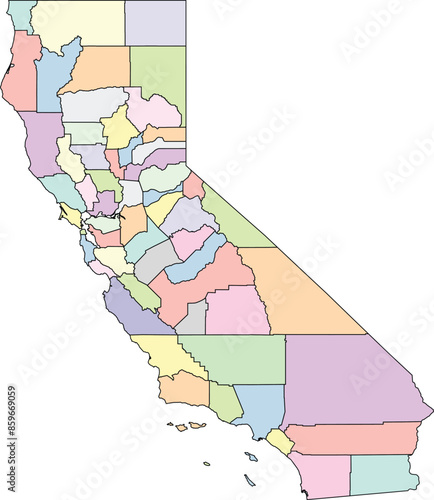 Editable vector file of the counties that make up the state of California, located in the United States.