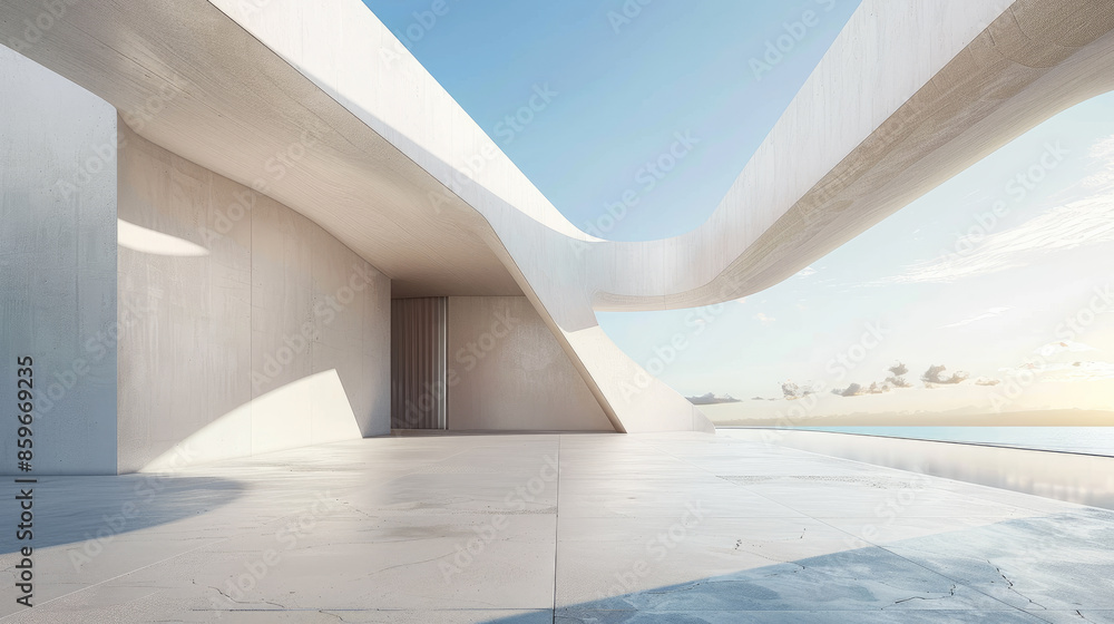 Obraz premium Modern concrete building exterior, abstract futuristic construction or villa for background. Theme of future, hall, garage, minimalist design, sky,