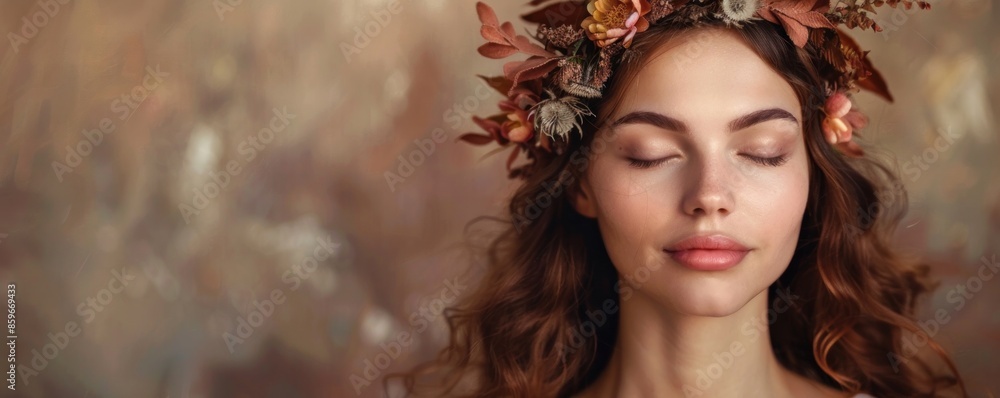 Fototapeta premium A close-up portrait of a woman with her eyes closed, wearing a floral crown. The background is a soft, blurred mix of colors, highlighting her peaceful expression and natural beauty.
