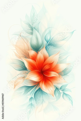 Watercolor Painting of a Single Red Flower With Green Leaves