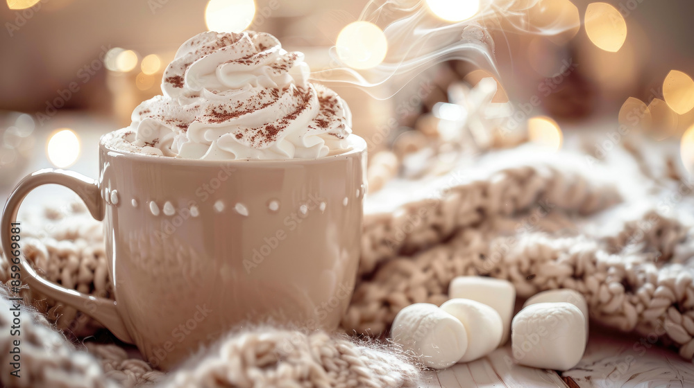 A beige mug topped with whipped cream sits on a cozy, knitted blanket. Nearby are marshmallows, and warm lights glow softly in the background. A beige mug topped with whipped cream sits on a cozy, knitted blanket. Nearby are marshmallows, and warm lights glow softly in the background.