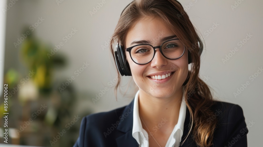 A businesswoman wearing a headset and smiling on white background A businesswoman wearing a headset and smiling on white background