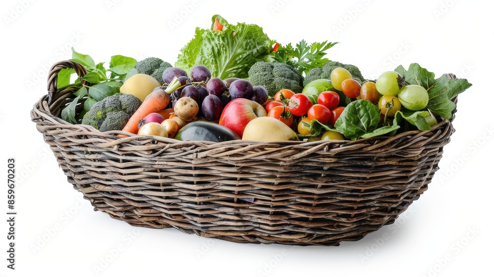 Woven wicker basket filled with a variety of fresh produce. The basket contains broccoli, carrots, red and green apples, grapes, potatoes, cherry tomatoes, and lettuce Woven wicker basket filled with a variety of fresh produce. The basket contains broccoli, carrots, red and green apples, grapes, potatoes, cherry tomatoes, and lettuce