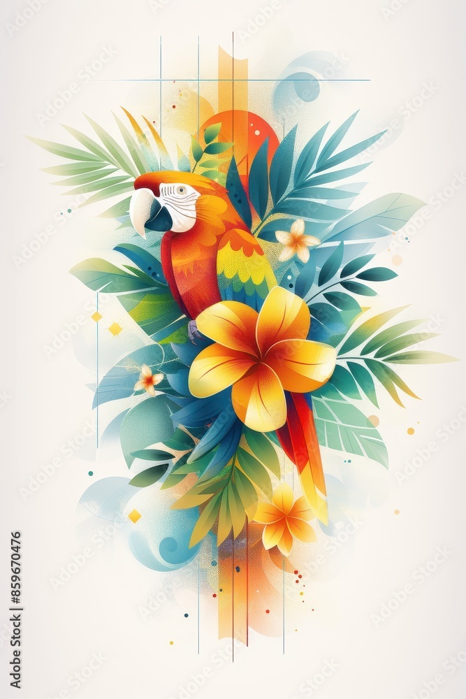Abstract Tropical Bird and Floral Illustration