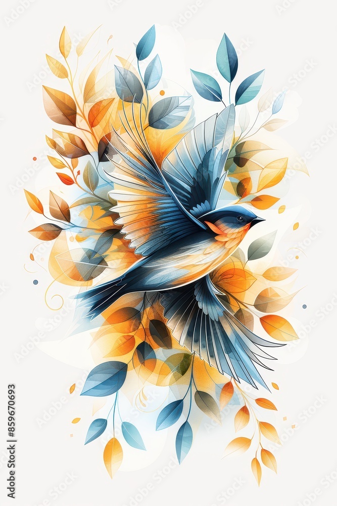 Obraz premium Blue Bird Flying Through Autumn Leaves in Watercolor Style
