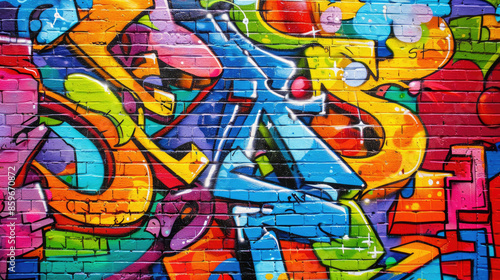 Wallpaper Mural A colorful wall features graffiti art with vibrant blue, orange, red, green, and purple hues. The designs are abstract and bold. Torontodigital.ca