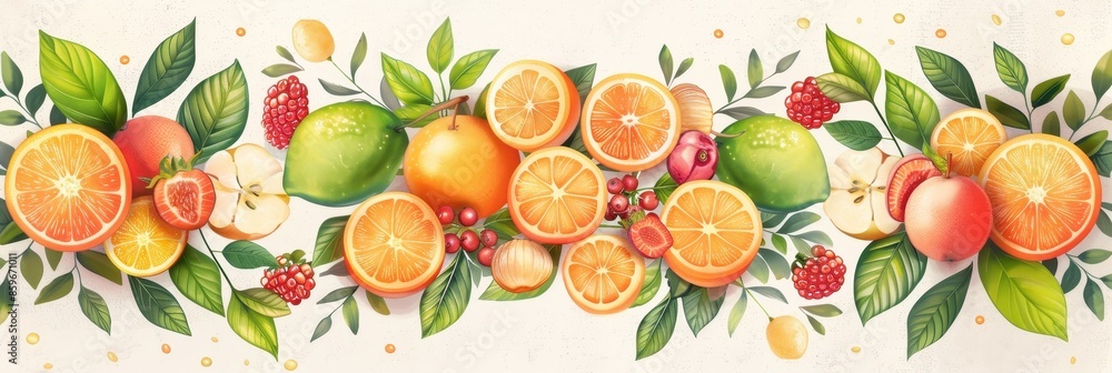 Watercolor Illustration of Fresh Fruit and Green Leaves Watercolor Illustration of Fresh Fruit and Green Leaves