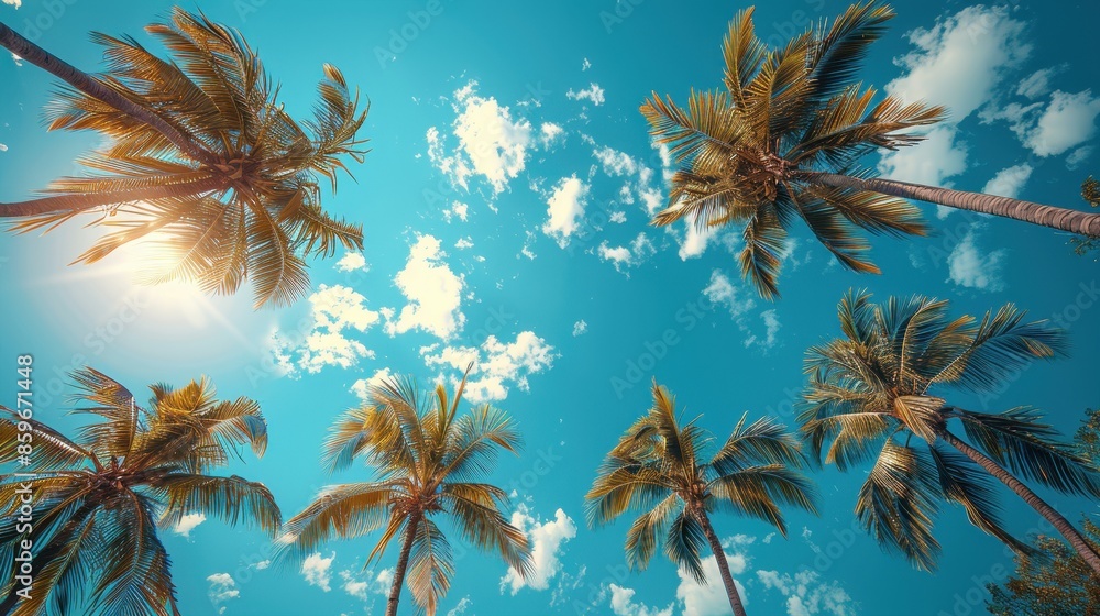 Fototapeta premium A scenic vertical shot of tall palm trees set against a vibrant blue sky with scattered clouds and a shining sun, capturing the essence of a tropical paradise.