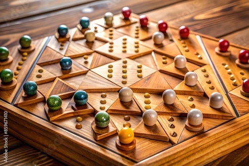 The image shows a wooden halma game board with green, blue, red, and white marbles. photo