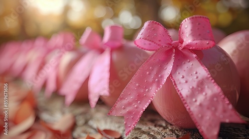 A charming row of decorative pink bows adorning pink spherical objects is set against a soft-focus background of fallen leaves, creating a delightful and cute scene.