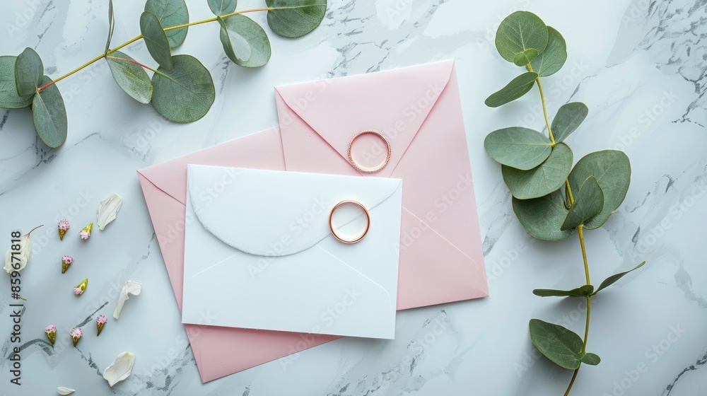 Elegant wedding stationery set with pastel pink envelopes golden rings and eucalyptus leaves on a marble surface Elegant wedding stationery set with pastel pink envelopes golden rings and eucalyptus leaves on a marble surface