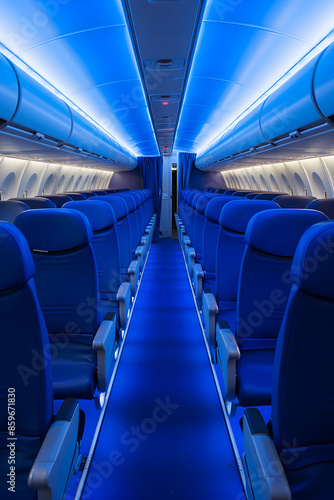 Serene Solitude: Longitudinal View of an Empty Commercial Airplane Cabin