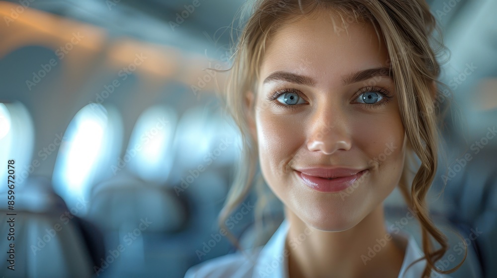 A close-up shot of a woman with striking bright blue eyes on an airplane, giving a friendly smile. The soft light adds a refreshing look to her face against the aircraft setting. A close-up shot of a woman with striking bright blue eyes on an airplane, giving a friendly smile. The soft light adds a refreshing look to her face against the aircraft setting.