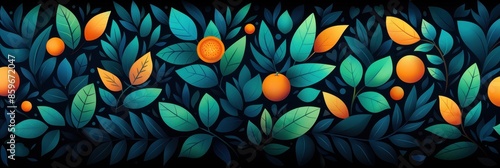 Abstract Orange Fruit Pattern With Lush Green Leaves on Black Background