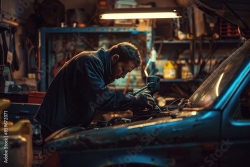 During night, a mechanic is seen working on a vintage car in a cluttered garage workshop illuminated by overhead lights AIG58 photo
