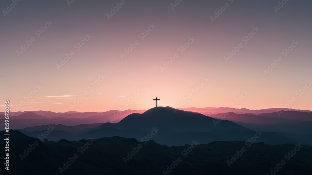 A silhouette of a cross on a mountain peak at sunrise, with layers of mountains in the background under a tranquil pink and purple sky. A silhouette of a cross on a mountain peak at sunrise, with layers of mountains in the background under a tranquil pink and purple sky.