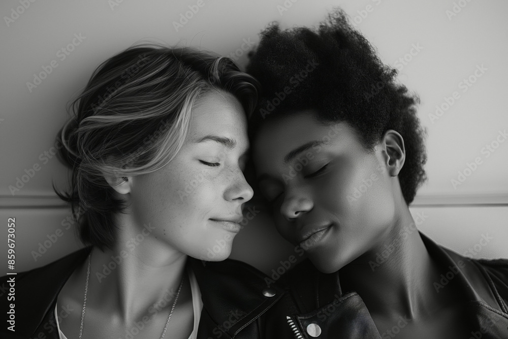 Black and white photo of a diverse lesbian couple with their eyes closed, cuddling close together Black and white photo of a diverse lesbian couple with their eyes closed, cuddling close together