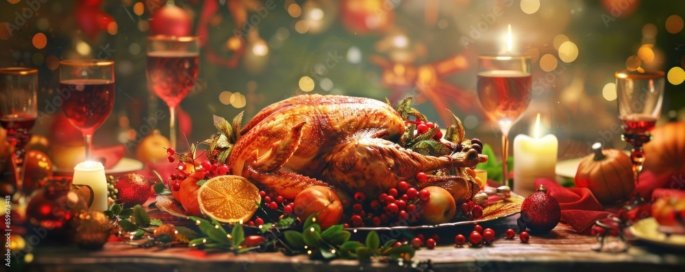 A beautifully roasted turkey garnished with fresh herbs and citrus slices, set against a cozy, warmly lit background. The perfect depiction of a festive Thanksgiving meal. A beautifully roasted turkey garnished with fresh herbs and citrus slices, set against a cozy, warmly lit background. The perfect depiction of a festive Thanksgiving meal.