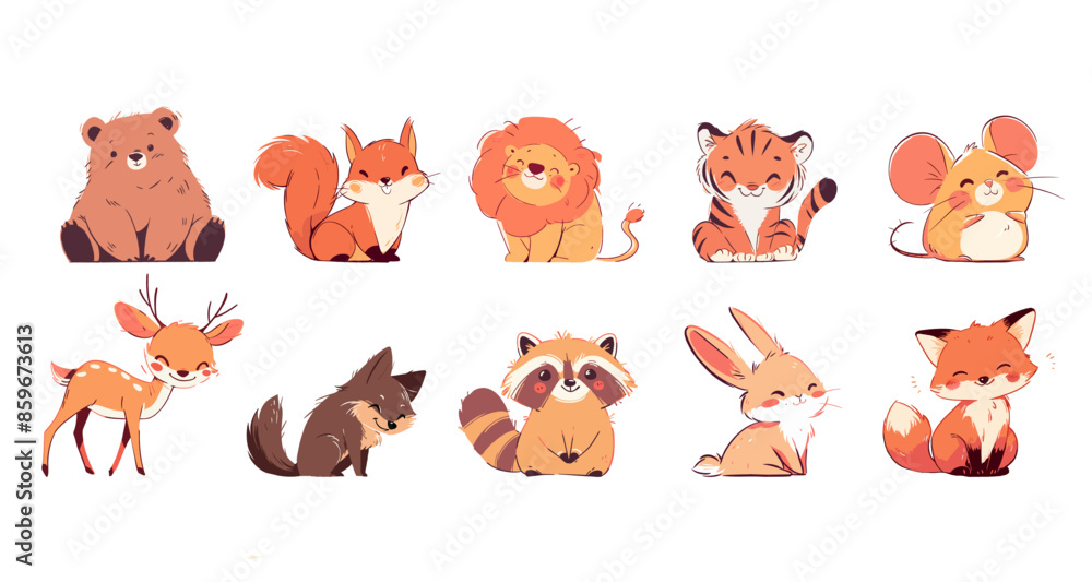 Obraz premium Cute little animals, children cartoon character. Funny simple animal bear, fox, tiger, lion, deer, hare, mouse, squirrel, wolf and raccoon. Vector isolated illustration
