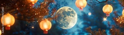 Beautiful glowing lanterns lighting up the night sky with a full moon backdrop, creating a serene festive atmosphere. photo