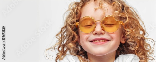 An adorable little girl with curly blonde hair, wearing stylish yellow sunglasses and a big smile.  © Dalibor
