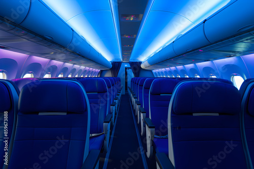 Serene Solitude: Longitudinal View of an Empty Commercial Airplane Cabin © Howard