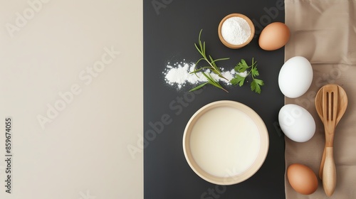 Overhead view of baking ingredients including eggs, flour, milk, and herbs on a black and beige background with wooden utensils. photo