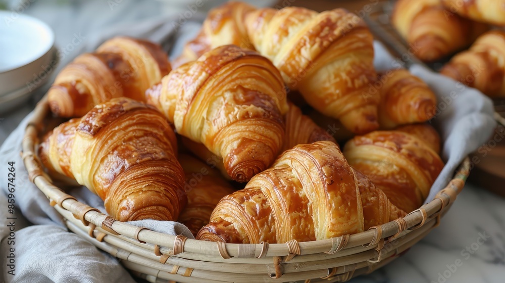 Deliciously golden and flaky croissants placed in a woven basket, enticingly displayed on a rustic wooden table, ready to be enjoyed with the perfect cup of coffee. Deliciously golden and flaky croissants placed in a woven basket, enticingly displayed on a rustic wooden table, ready to be enjoyed with the perfect cup of coffee.