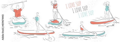 Vector Set SUP paddleboarding. Male and female surfer with paddle. Paddleboarding, SUP fitness on water. Surfrider guy and girl on board. Abstract isolated contour of surfboarder.