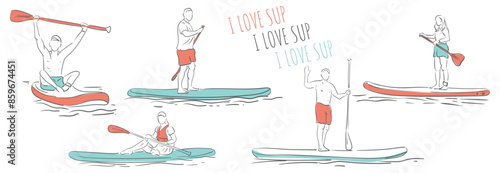 Vector Set SUP paddleboarding. Male and female surfer with paddle. Paddleboarding, SUP fitness on water. Surfrider guy and girl on board. Abstract isolated contour of surfboarder.