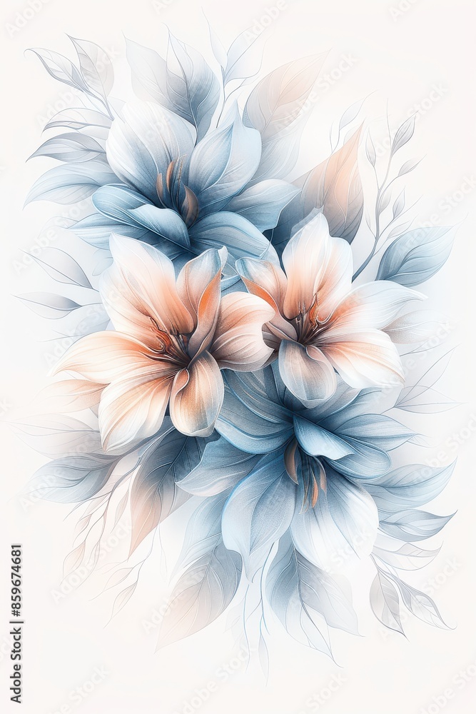 Fototapeta premium Watercolor Painting of Blue and Peach Flowers