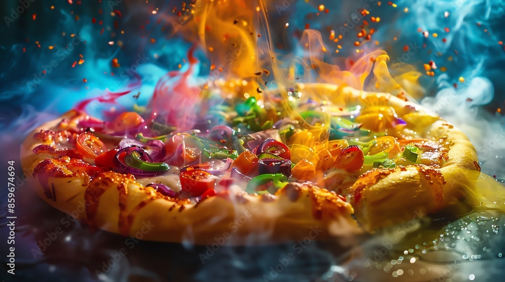 Glowing hot pizza with vibrant toppings, surrounded by dramatic colorful flames and smoke, creating an artistic and appetizing visual. Glowing hot pizza with vibrant toppings, surrounded by dramatic colorful flames and smoke, creating an artistic and appetizing visual.
