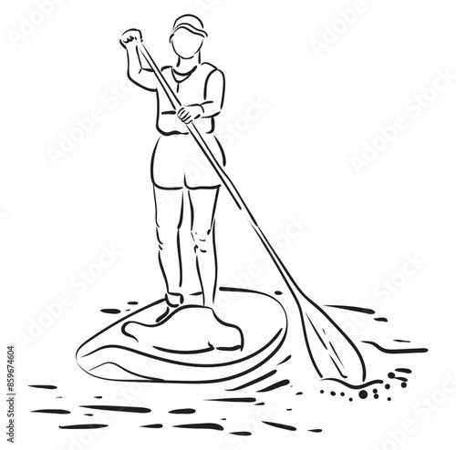 Stand up paddle boarding. Female surfer with paddle. Paddleboarding, SUP fitness on water. Surfrider girl on board. Abstract isolated contour of surfboarder.