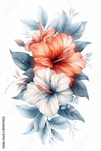 Watercolor Hibiscus Flower Bouquet Design With Blue Leaves