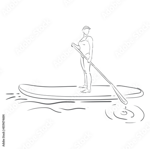 Stand up paddle boarding. Female surfer with paddle. Paddleboarding, SUP fitness on water. Surfrider girl on board. Abstract isolated contour of surfboarder.