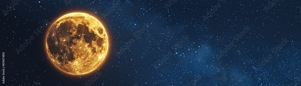 Stunning view of a bright golden moon against a deep blue starry night sky, capturing the beauty of celestial wonders. Stunning view of a bright golden moon against a deep blue starry night sky, capturing the beauty of celestial wonders.