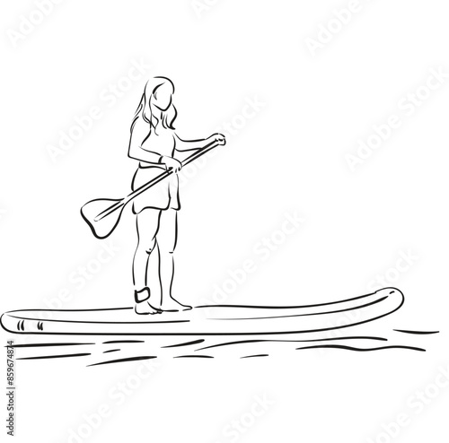 Stand up paddle boarding. Female surfer with paddle. Paddleboarding, SUP fitness on water. Surfrider girl on board. Abstract isolated contour of surfboarder.